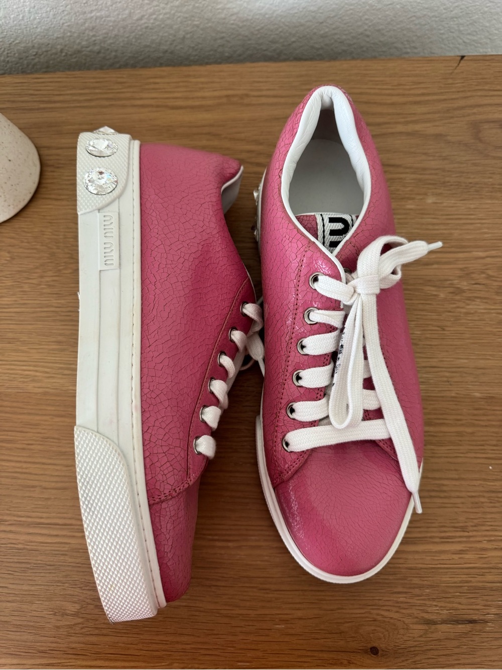Miu Miu Women's 5E643C Pink Cracked Leather Fashion Sneakers Shoes Size 39.5